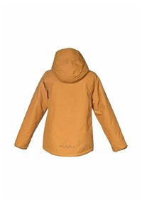 Orange utomhusjacka med huva. Har en slät textur, elastiska ärmslut och en designaccent vid botten med bergsformer.