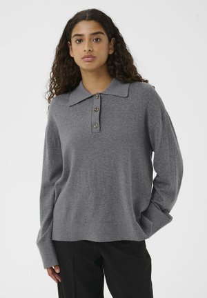 Gray long-sleeve polo sweater with a pointed collar and three button closure. Soft knit fabric, relaxed fit, and side slit detailing.