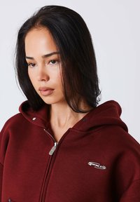 Sudadera burdeos con cremallera, confeccionada en tejido suave. Cuenta con capucha, herrajes plateados y un logo en el pecho. Textura lisa y ajuste relajado.