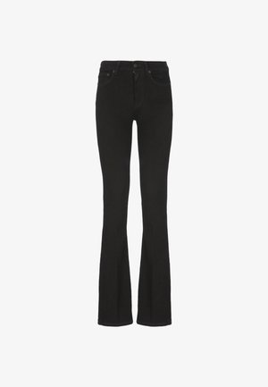 Jeans neri a zampa d'elefante realizzati in tessuto misto cotone, caratterizzati da una vita alta, davanti piatto e tasche standard con dettagli di cucitura discreti.