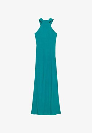 Teal Maxikleid mit einem Trägerdesign, aus glattem Stoff gefertigt. Es verfügt über ein offenes Rückendetail und eine figurbetonte Silhouette.