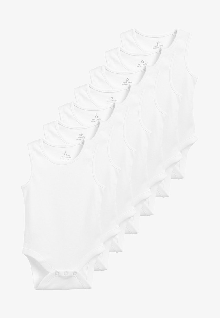 Pack of seven white baby bodysuits with sleeveless design, round necklines, and snap closures at the bottom, made from soft cotton fabric.