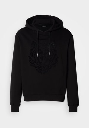 Black hoodie made of soft fabric featuring a raised lion graphic at the center. Includes a drawstring hood and ribbed cuffs.