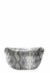 Kabelka s hadím vzorem v šedé a bílé barvě, s oblým tvarem, texturovaným povrchem a nastavitelným popruhem.