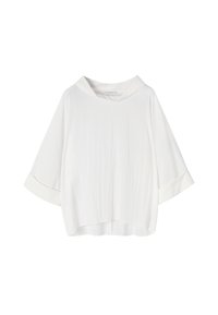 Losse witte blouse met lange mouwen, brede manchetten en een zachte, gedrapeerde ronde halslijn.