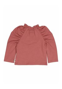 Maglia a maniche lunghe in rosa polveroso, con collo a balze e maniche gathered. Realizzata in tessuto morbido con una superficie liscia.