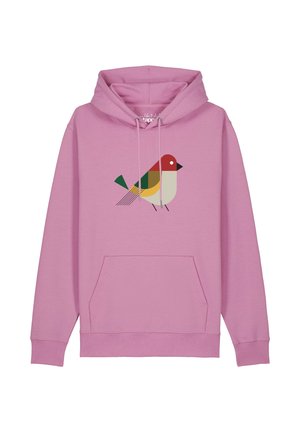 Hellvioletter Hoodie mit Fronttasche und Kordeln, mit einfachem geometrischem Vogeldesign in Rot, Grün, Gelb und Weiß auf der Brust.