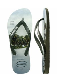 Ciabatte Havaianas con cinturini in gomma verde, soletta testurizzata con una grafica di palma e una combinazione di colori grigio e blu.