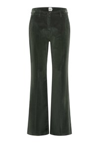 Pantalon évasé en velours côtelé vert avec fermeture à bouton et passants de ceinture. Texture douce, finition lisse et coupe large.