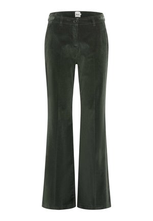 Grønne fløjlsbukser med vidde, knaplukning og bæltestropper. Blød tekstur, glat overflade og bred benform.