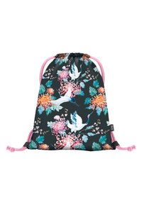 Drawstring backpack featuring a black background with colorful floral and crane patterns, pink drawstrings, and a smooth fabric texture.