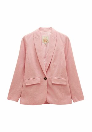 Hellrosa Ein-Knopf-Blazer mit Kerbkragen und zwei vorderen Pattentaschen, dargestellt vor weißem Hintergrund.