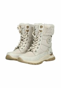 Witte enkelboots met nepbontvoering, metalen oogjes en vetersluiting. Heeft een gemêleerd suède bovenwerk en een beige rubberen zool met logo-detail.