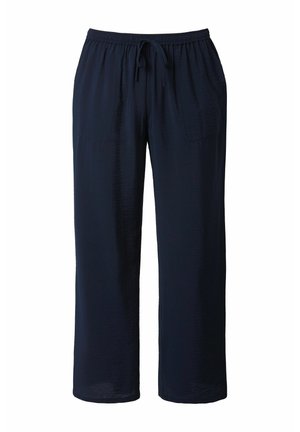 Pantalon large bleu marine en tissu texturé, doté d'une taille élastique avec cordon de serrage et de deux poches avant.