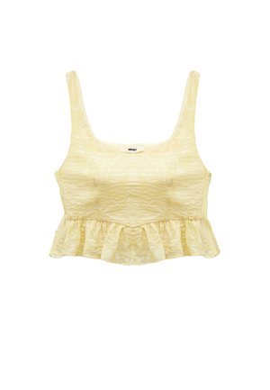 Gul crop top med et struktureret mønster, firkantet halsudskæring, brede stropper og en flæsekanter. Blomsterdesign prægede hele vejen igennem.