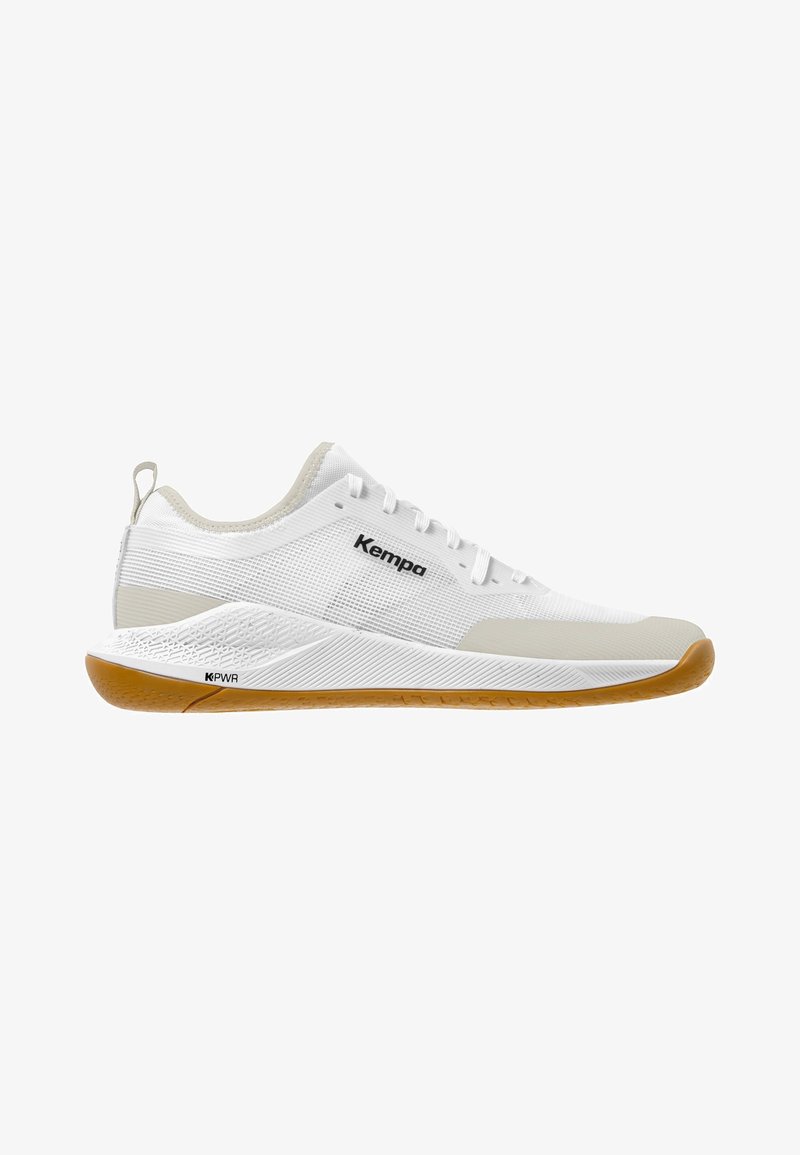 White athletic shoe made of mesh and rubber, featuring a textured gum sole, subtle light gray accents, and a logo on the side.