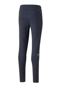 Marineblauwe leggings van soepel, rekbaar materiaal. Voorzien van een brede tailleband en contrasterende zijaccenten voor een gestroomlijnd uiterlijk.