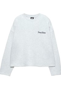 Lys grå sweatshirt lavet af blød stof. Har en rund halsudskæring, sænkede skuldre og broderet tekst "Fresh Codes" i mørkeblå.