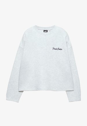 Sweatshirt gris clair en tissu doux. Il possède un col rond, des épaules tombantes et un texte brodé "Fresh Codes" en bleu foncé.