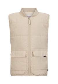 Beige gepolsterte Weste mit Reißverschluss vorne, geripptem Kragen und zwei vorderen Taschen. Glatte Textur mit einem leichten, isolierten Design.