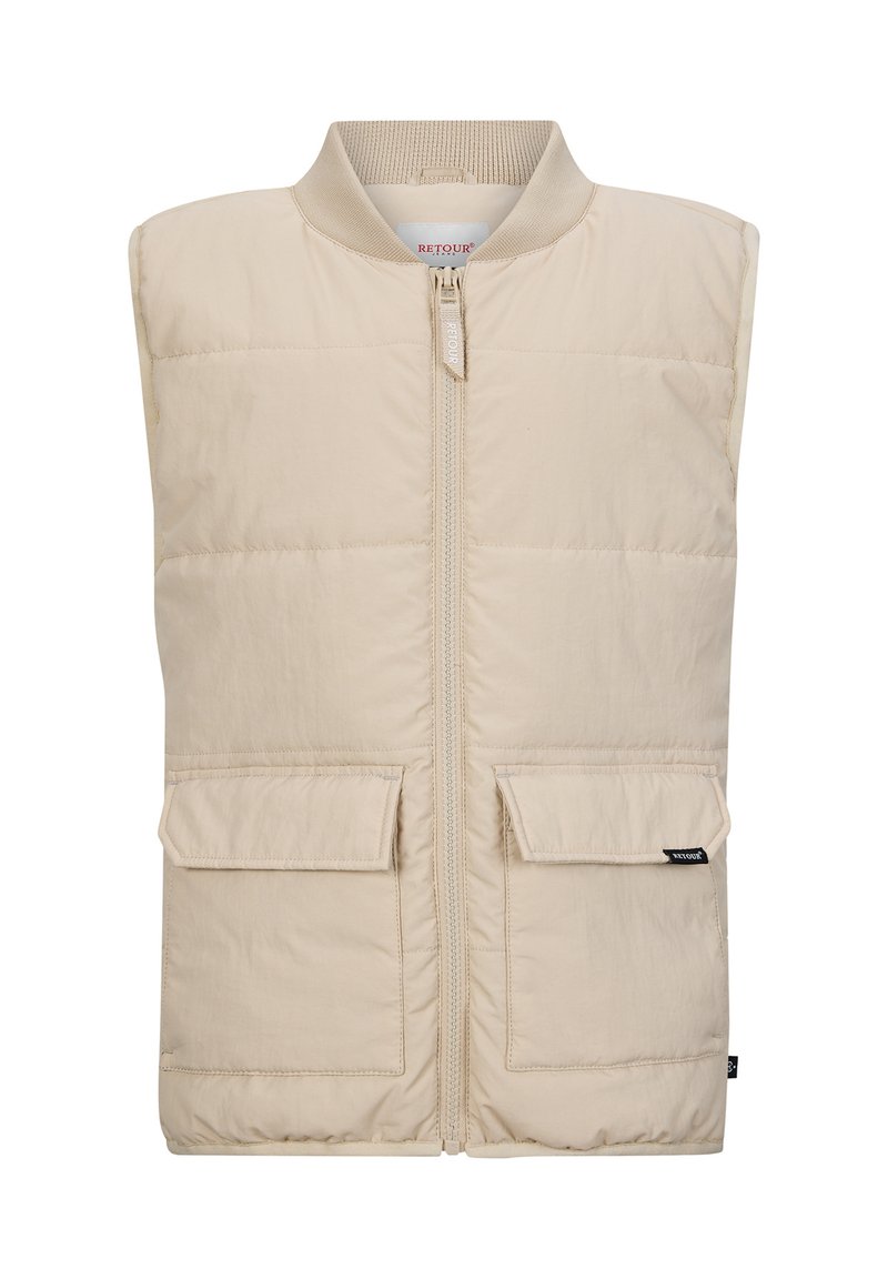 Beige gepolsterte Weste mit Reißverschluss vorne, geripptem Kragen und zwei vorderen Taschen. Glatte Textur mit einem leichten, isolierten Design.