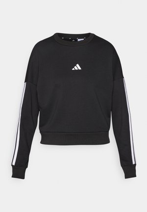 Black sweatshirt with long sleeves, a crew neck, white Adidas logo on the chest, and white stripes along the sleeves. Soft texture.