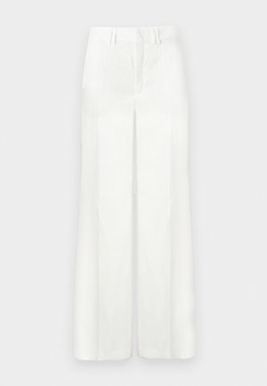 Belo krojene hlače z visokim pasom, širokimi hlačnicami, zankami za pas in skritim sprednjim zapiranjem, prikazane na svetli podlagi.