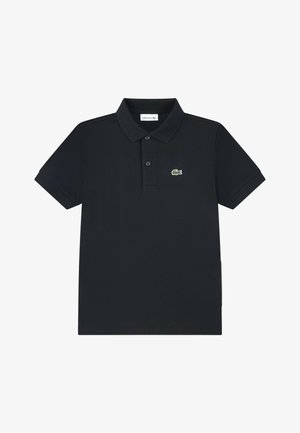 Schwarzes Poloshirt aus atmungsaktiver Baumwolle mit klassischem Kragen, drei Knopfverschluss und grünem Lacoste-Krokodil-Logo auf der linken Brust.