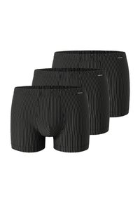 Pantaloni boxer neri con sottili strisce bianche, vita elasticizzata, realizzati in tessuto morbido. Set di tre, con un design a sacchetto sagomato.