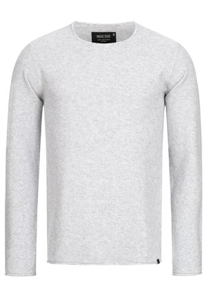 Light gray long-sleeve sweater with a round neck, made of textured fabric. Features a tag at the neckline and a small logo on the hem.