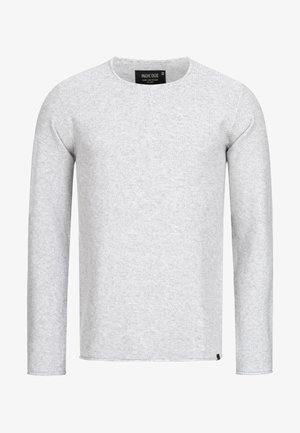 Light gray long-sleeve sweater with a round neck, made of textured fabric. Features a tag at the neckline and a small logo on the hem.