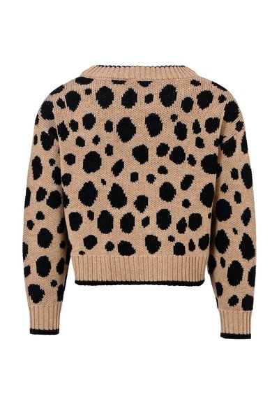 Sweter o oversize'owym kroju w odcieniu beżowym z czarnymi plamami w leopardzie; ściągacze u dołu i przy rękawach; okrągły dekolt z teksturowanej tkaniny.