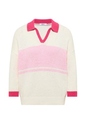 Pull en tricot avec une base crème, une large bande horizontale rose, un col et des poignets rose vif, un col en V, des manches longues et un ourlet côtelé.