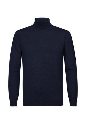 Suéter de cuello alto azul marino con mangas largas, cuello y puños acanalados, textura suave, diseño ajustado, ideal para llevar en capas o para un look casual.