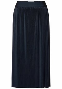 Navy pleated skirt with a smooth waistband. The fabric features deep vertical folds with a flowing design and a straight silhouette.