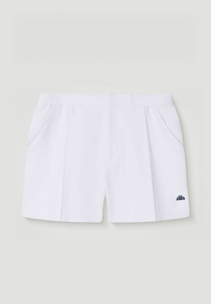 Shorts bianchi casual con vita elasticizzata, tasche laterali e un piccolo logo blu navy sulla parte inferiore della gamba destra.