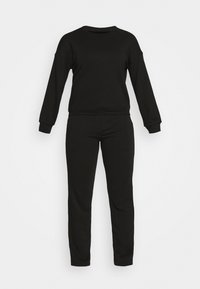 Sweat-shirt noir à manches longues et pantalon fuselé assorti, présenté sur fond blanc, vue de face.