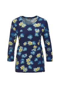 Marineblaues langärmeliges Oberteil mit floralem Muster in Blau und Gelb. Hergestellt aus weichem Stoff mit rundem Halsausschnitt und dezenter Borte.