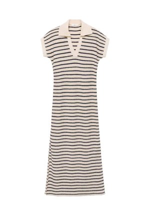 Striped knit dress in cream and navy, featuring a V-neck and collar, short sleeves, and side slits for ease of movement.