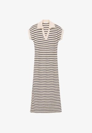 Robe en tricot rayée en crème et marine, avec un col en V, des manches courtes et des fentes latérales pour un confort de mouvement.