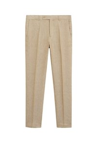 Beżowe lniane spodnie o prostym kroju, z wyprasowaną linią, dwoma bocznymi kieszeniami i jedną tylną kieszenią. Subtelna tekstura w całym produkcie.