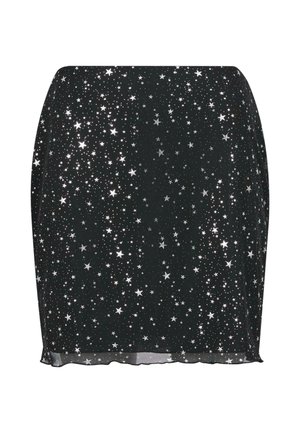 Zwarte mini-rok met een sterrenachtige zilveren metallic bedrukking, met een gladde textuur en een iets doorschijnende zoom. Rechte, nauwsluitende pasvorm.
