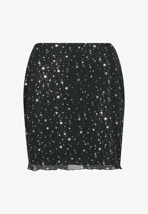 Zwarte mini-rok met een sterrenachtige zilveren metallic bedrukking, met een gladde textuur en een iets doorschijnende zoom. Rechte, nauwsluitende pasvorm.