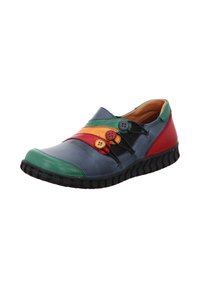 Multicolored leather shoe with green, blue, red, and orange panels. Features decorative buttons and a rubber sole with a textured pattern.