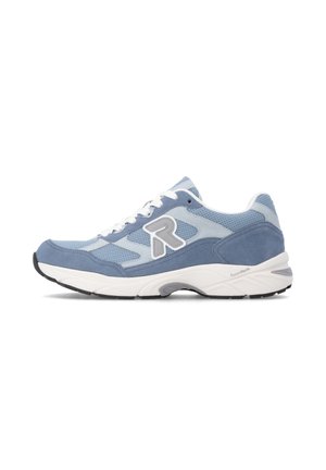 Blue and light blue sneaker with white laces, cushioned sole labeled foamtech, and a large letter R on the side.