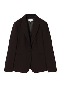 Mørkebrun blazer med en enkelt knaplukning, notch-lapelkraver og to forlommer; glat tekstur og skræddersyet pasform.