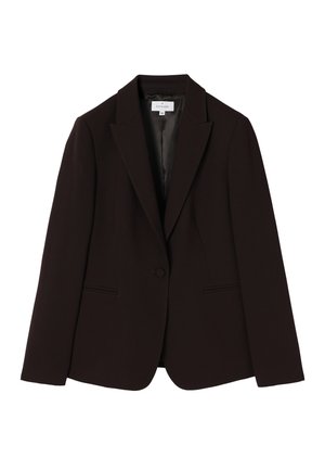 Dark brown blazer with a single button closure, notched lapels, and two front pockets; smooth texture and tailored fit.