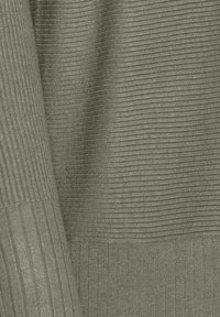 Ribbed knit fabric in muted olive green with varying textures that display both horizontal and vertical stripes, possessing a soft and slightly shiny appearance.
