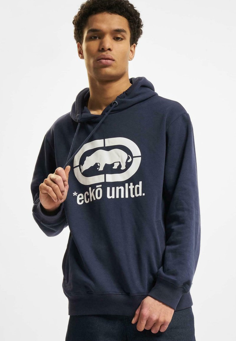 Navy hoodie featuring a white graphic of a rhino and logo on the front, with a kangaroo pocket and adjustable drawstring hood.