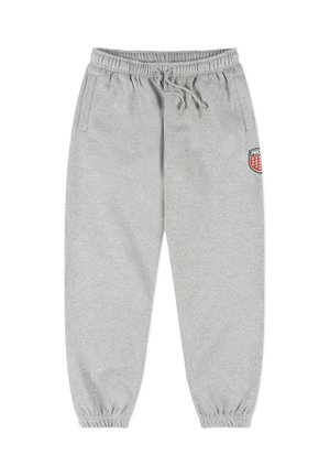 Szare spodnie dresowe wykonane z miękkiego materiału, z elastycznym pasem ze sznurkiem, bocznymi kieszeniami oraz naszywką z logo na lewej stronie biodra.
